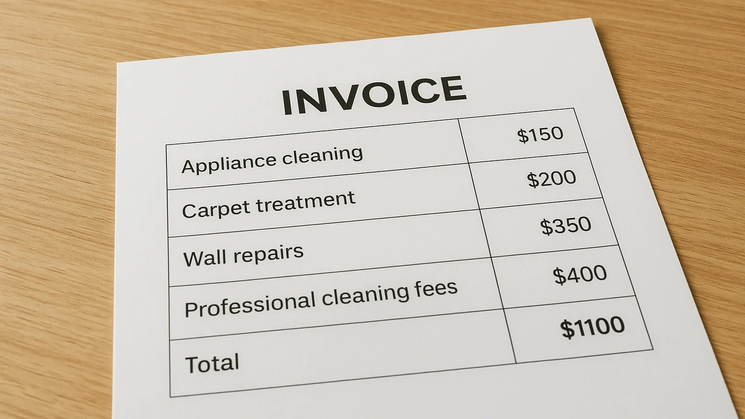Itemized invoice document on a table displaying line items: appliance cleaning, carpet treatment, wall repairs, and professional cleaning fees with dollar amounts.