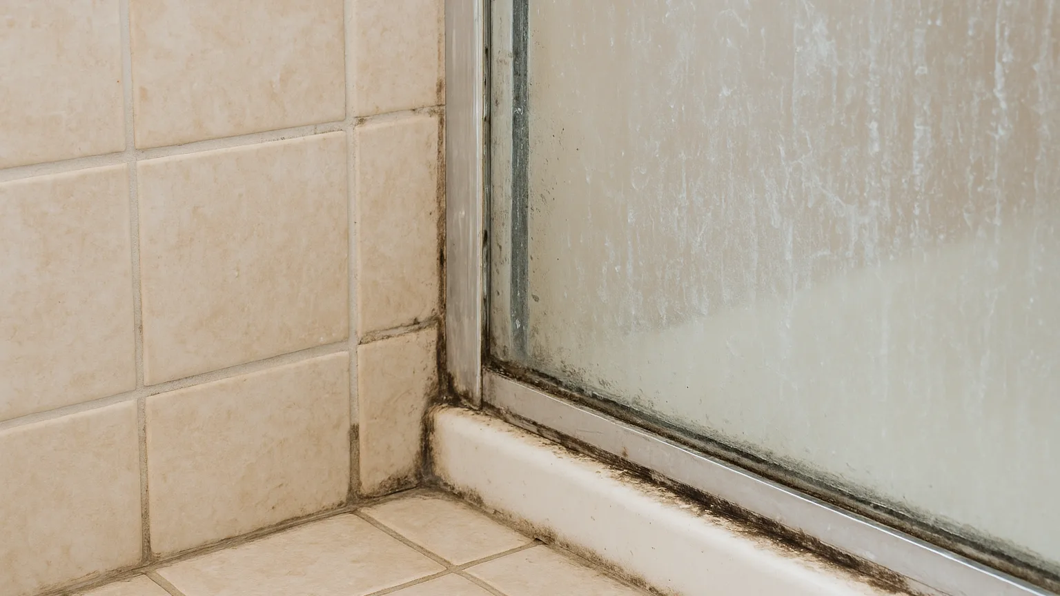 Bathroom corner showing soap scum on tile grout, mineral scale on glass shower door, and mildew staining along caulk lines before cleaning.