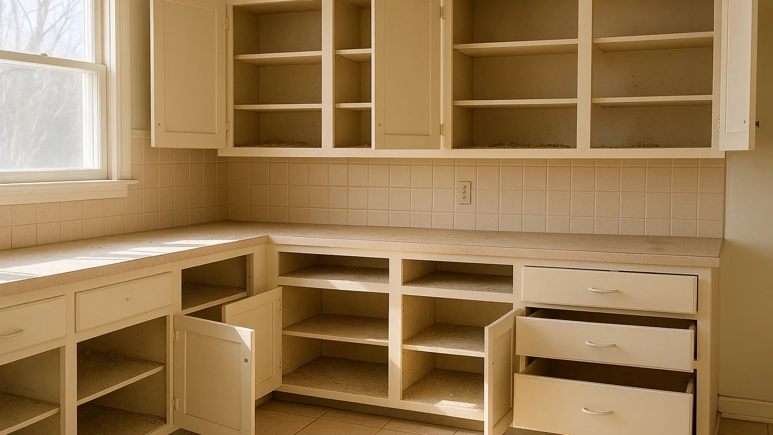 Vacant kitchen with open cabinet doors and drawers revealing dusty interiors; sunlight illuminating accumulated debris inside shelving before any items are placed.
