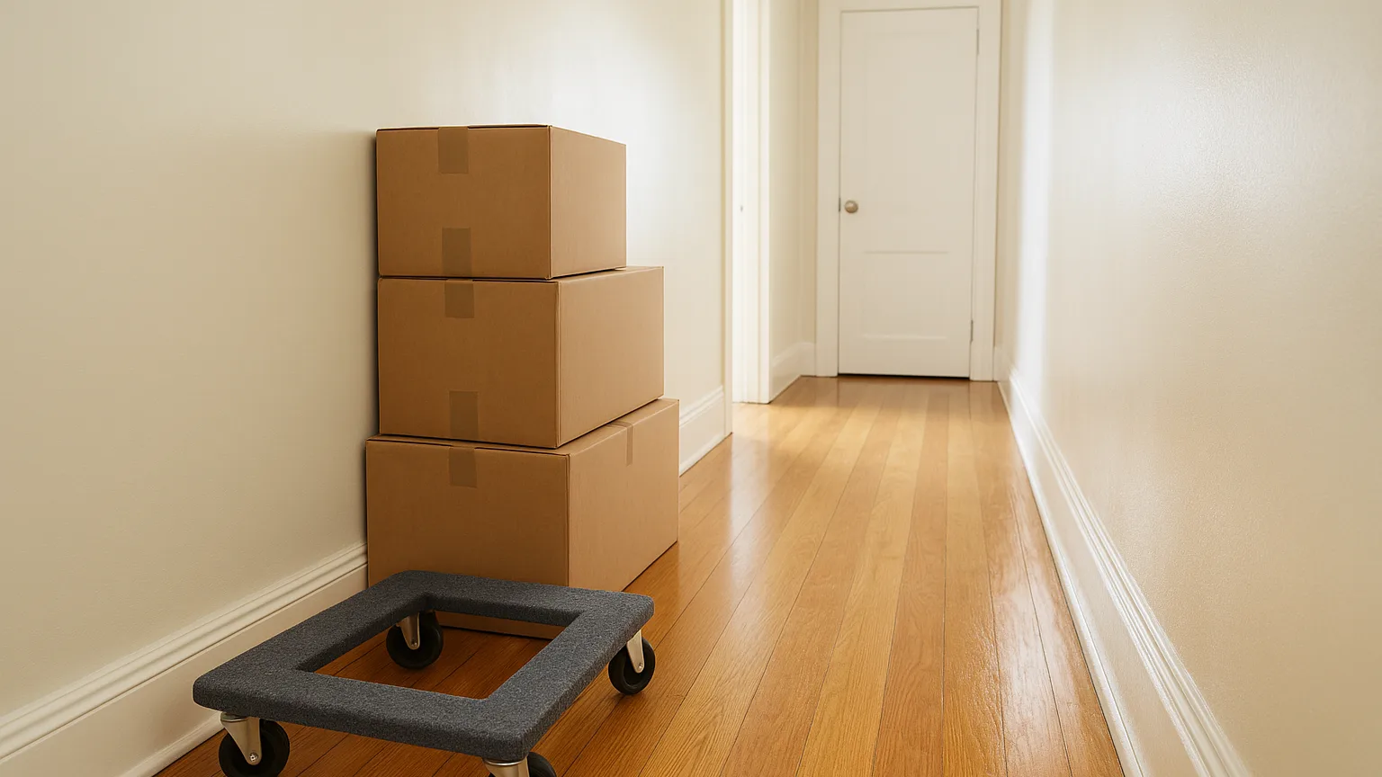 Hallway showing furniture dolly and moving boxes stacked against one wall, with freshly cleaned opposite wall and baseboards still wet from cleaning.