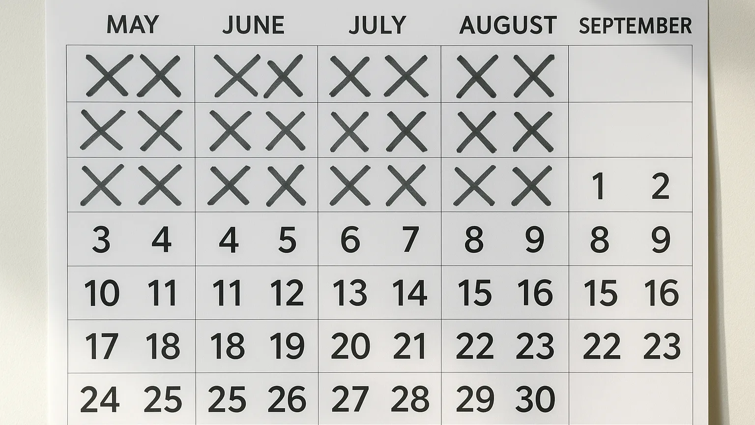 A wall calendar with May through September dates heavily crossed out or marked, showing only scattered open dates remaining across the summer months.
