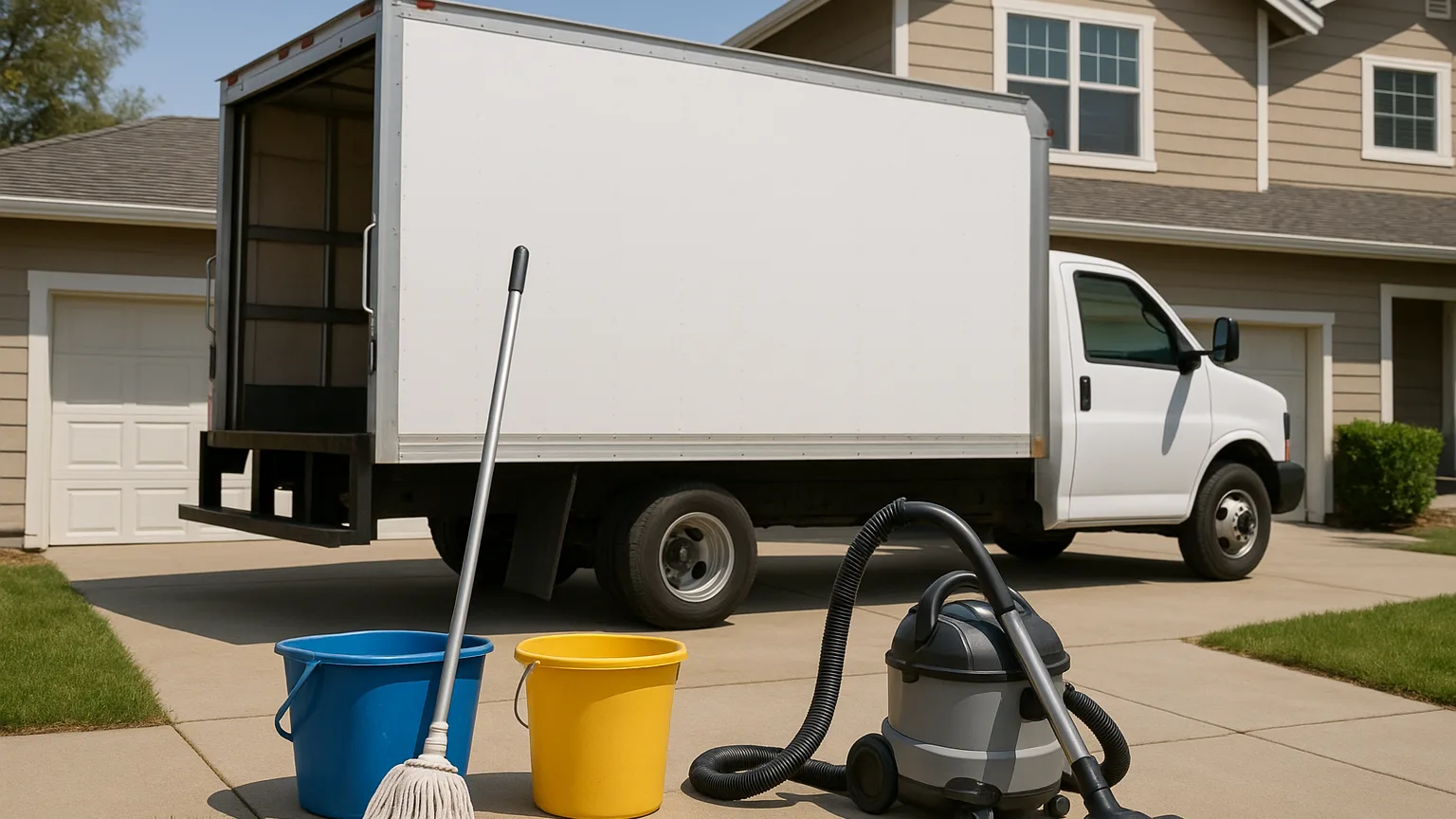 A moving truck parked outside a house with cleaning supplies stacked nearby—mop, buckets, vacuum—illustrating the simultaneous demand on both services during peak season.