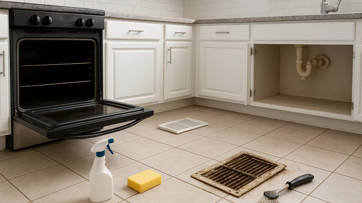 A kitchen interior mid-deep clean with oven door open, grout lines being addressed, and vent covers removed, showing detailed work scheduled well in advance.