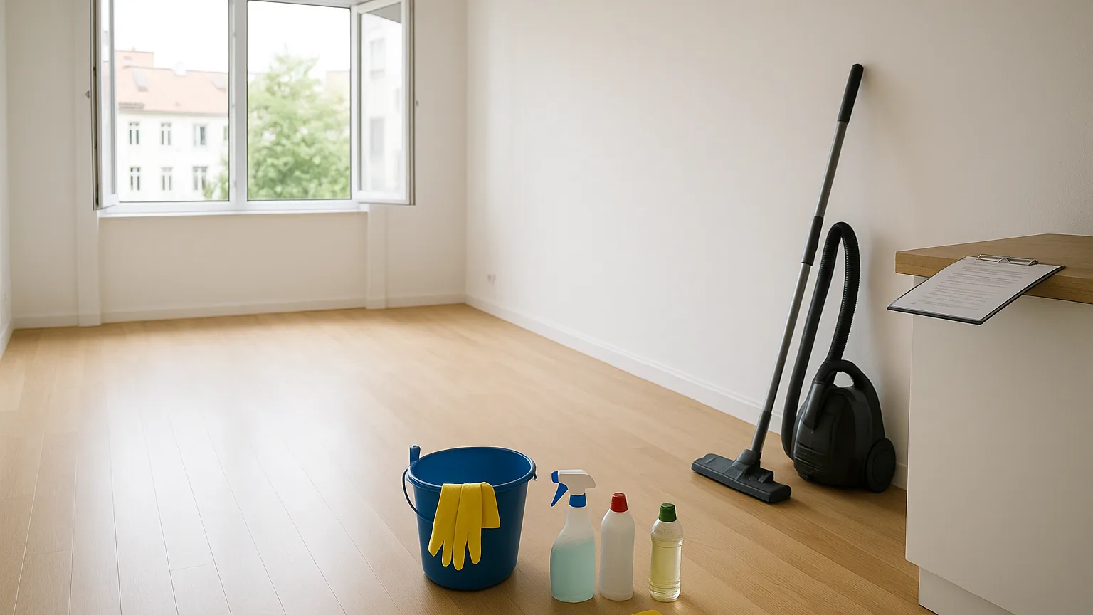 Empty apartment with open windows, cleaning supplies stacked on floor, vacuum and mop leaning against wall, landlord checklist on counter.