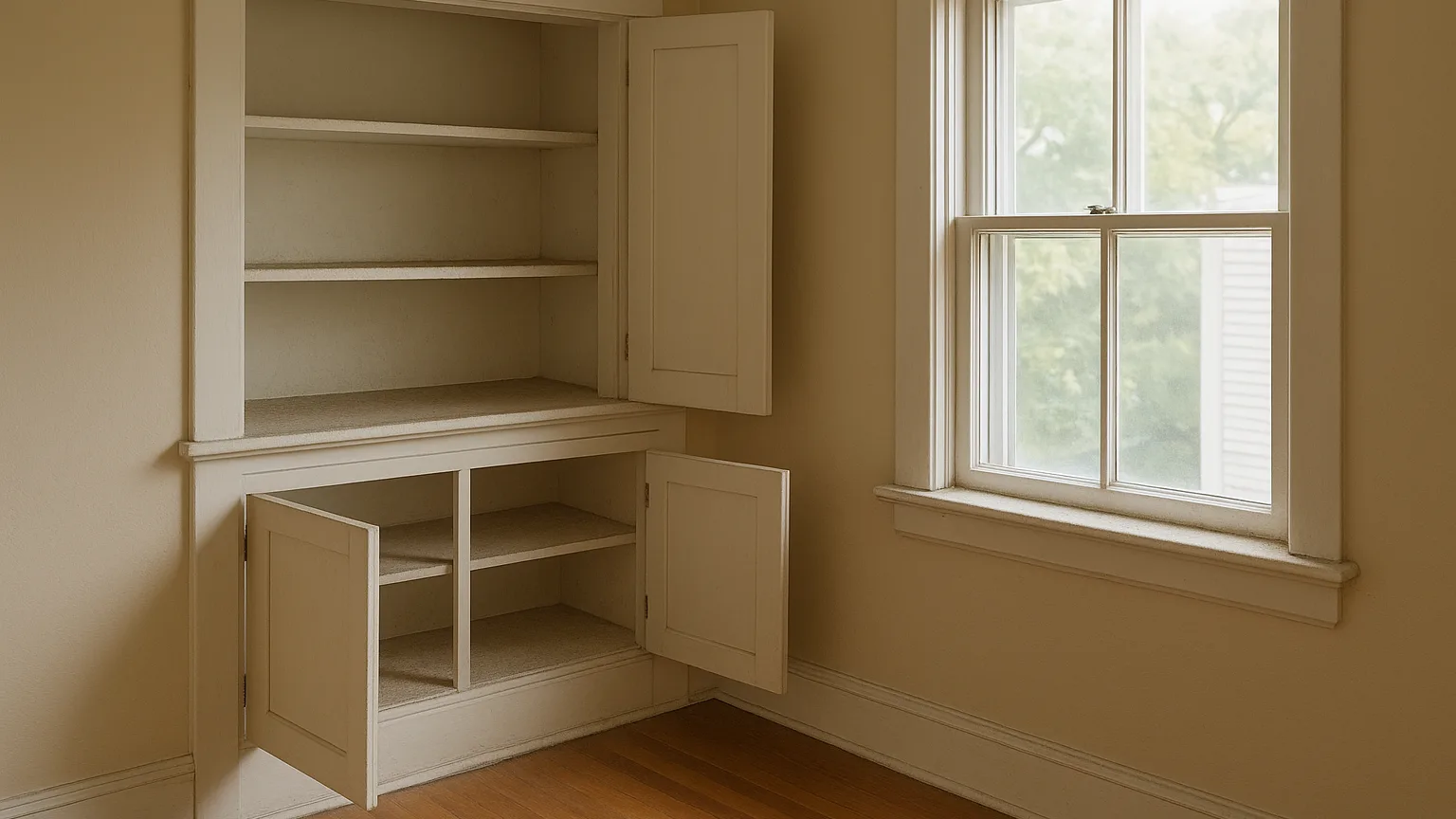 Vacant home interior showing dust visible on baseboards, window sills, and inside open cabinet doors before cleaning begins.