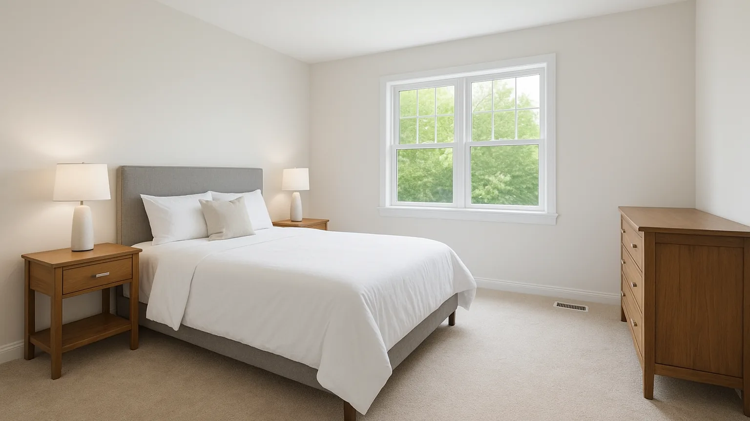 Move-in ready bedroom with furniture positioned on clean carpet, baseboards wiped, vents cleared, no visible dust or debris anywhere.